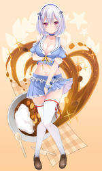 Rule 34 | 1girl, alternate costume, azur lane, bare shoulders, between legs, between thighs, blue bow, blue choker, blue hairband, blue skirt, blush, bow, bow choker, breasts, brown footwear, carrot, choker, cleavage, closed mouth, collarbone, cosplay, covering crotch, covering privates, crop top, curry, food, frilled wrist cuffs, frills, full body, gradient background, hair between eyes, hair intakes, hairband, hand between legs, hand on own arm, knife, large breasts, legs together, loafers, looking at viewer, midriff, miniskirt, navel, orange background, pink background, plaid, pleated skirt, potato, raised eyebrows, red eyes, ribbon, rice, shoes, short hair, short sleeves, sirius (azur lane), skirt, solo, spoon, standing, thighhighs, thighs, tomosuke, white hair, white thighhighs, wrist cuffs, yellow ribbon, zettai ryouiki