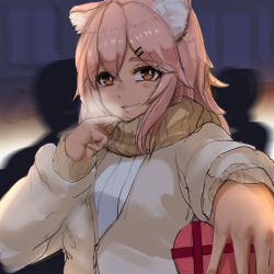 Rule 34 | 1girl, :d, alternate costume, arknights, blush, box, breath, bright pupils, brown scarf, cardigan, commentary request, dark-skinned female, dark skin, gift, gravel (arknights), grin, heart-shaped box, highres, holding, holding gift, long hair, long sleeves, looking at viewer, night, open mouth, orange eyes, outdoors, outstretched arm, parted lips, pink hair, scarf, scdz2344, shirt, silhouette, smile, solo focus, teeth, upper body, valentine, white cardigan, white shirt