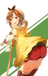 Rule 34 | 1girl, 21doolybj, ass, atelier (series), atelier ryza, bare shoulders, blush, boots, breasts, brown hair, from behind, hair ornament, hairclip, hat, highres, hood, hooded vest, hoodie, looking at viewer, looking back, medium breasts, open mouth, orange eyes, red shorts, reisalin stout, shiny clothes, shiny skin, short hair, short shorts, shorts, sideboob, smile, solo, staff, thigh boots, thighhighs, vest