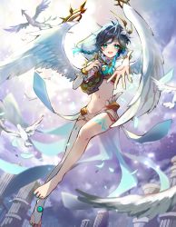 Rule 34 | 1boy, :d, alternate form, angel wings, bird, blue hair, blue ribbon, braid, chest tattoo, cropped shirt, detached sleeves, dragon, dvalin (genshin impact), falling feathers, feathered wings, feathers, floating hair, flower, full body, genshin impact, gold trim, green eyes, hair flower, hair ornament, highres, holding, holding instrument, hood, hood down, instrument, leg tattoo, lyre, male focus, medium hair, midriff, navel, official alternate costume, open mouth, outdoors, outstretched arm, outstretched hand, petals, pillar, ribbon, ripples, shirt, short shorts, shorts, side braids, sleeveless, sleeveless shirt, smile, solo, takoyan (g autumn), tattoo, thighhighs, turtleneck, twin braids, twitter username, venti (archon) (genshin impact), venti (genshin impact), white flower, white shorts, white thighhighs, wings