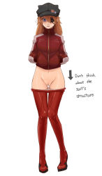 Rule 34 | 10s, 1girl, ^^^, animal hat, bad id, bad pixiv id, blue eyes, blush, brown hair, cat hat, cleft of venus, english text, evangelion: 3.0 you can (not) redo, eyepatch, hands in pockets, hat, jacket, justeeeeth, long hair, navel, neon genesis evangelion, open mouth, plugsuit, pussy, rebuild of evangelion, simple background, solo, souryuu asuka langley, thigh gap, track jacket, trembling, uncensored, white background
