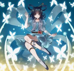 Rule 34 | 1girl, bad id, bad pixiv id, belt, blue background, blue dress, blue eyes, blue footwear, blue hair, bug, butterfly, danmaku, dress, flat chest, floating, flower, glowing, gradient background, hagoromo, hair ornament, hair rings, hair stick, hand up, highres, insect, kaku seiga, legband, looking down, medium hair, nyl0n06, paper, parted lips, puffy short sleeves, puffy sleeves, rope, shawl, short sleeves, simple background, smile, socks, solo, touhou