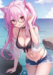Rule 34 | 1girl, absurdres, adjusting hair, animal ear fluff, animal ears, bare shoulders, bikini, black bikini, blue sky, blush, borrowed character, breasts, choker, cleavage, cloud, commentary request, commission, day, glasses, guri (gri1211), highres, horizon, large breasts, long hair, navel, ocean, one side up, open fly, original, outdoors, pants, parted lips, pink eyes, pink hair, pink nails, see-through, semi-rimless eyewear, short shorts, shorts, signature, skeb commission, sky, smile, solo, stomach, swimsuit, swimsuit cover-up, thighs, torn clothes, torn pants, tucking hair