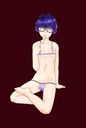 Rule 34 | 1girl, arm support, bags under eyes, bikini, blue hair, breasts, cameltoe, eating, feet, female focus, food, full body, glasses, highres, looking at viewer, micro bikini, navel, original, short hair, simple background, sinobgm 108, sitting, small breasts, solo, swimsuit