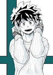 Rule 34 | 1boy, boku no hero academia, collarbone, greyscale with colored background, head tilt, headphones, highres, holding, holding headphones, long sleeves, looking at viewer, male focus, monochrome, no control, open mouth, smile, solo, spot color, sweater, teeth