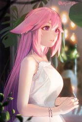 Rule 34 | 1girl, absurdres, alternate costume, animal ears, blurry, bracelet, collarbone, commentary, depth of field, dress, earrings, fox ears, from side, genshin impact, hair between eyes, highres, huge filesize, jewelry, long hair, looking away, lufi ays, parted lips, plant, ring, sidelocks, smile, solo, spaghetti strap, twitter username, wedding band, white dress, yae miko