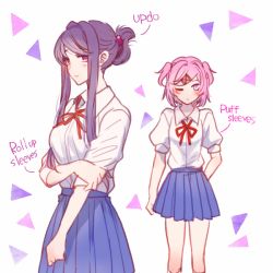 Rule 34 | 2girls, alternate hairstyle, arms under breasts, blue skirt, commentary request, doki doki literature club, folded ponytail, hair ornament, hair up, long hair, long sleeves, multiple girls, natsuki (doki doki literature club), neck ribbon, one eye covered, pink eyes, pink hair, pleated skirt, puffy short sleeves, puffy sleeves, purple eyes, purple hair, red ribbon, ribbon, shirt, short sleeves, sidelocks, simple background, skirt, sleeves rolled up, smile, sora (efr), two side up, white background, white shirt, yuri (doki doki literature club)