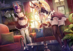 Rule 34 | 2girls, alternate costume, apron, ass, backlighting, black dress, black footwear, black legwear, blonde hair, blush, bob cut, bookshelf, breasts, broom, coffee table, collarbone, couch, curtains, cushion, dress, duster, enmaided, eyeliner, facial mark, fang, fang out, fate/grand order, fate (series), forehead, forehead mark, fou (fate), frills, garter straps, gloves, hair pulled back, highres, horns, ibaraki douji (fate), long hair, looking at viewer, maid, maid headdress, makeup, multiple girls, oni, open mouth, picture frame, plant, pointy ears, potted plant, puffy short sleeves, puffy sleeves, purple eyes, purple hair, revision, riyo (lyomsnpmp) (style), short eyebrows, short hair, short sleeves, shuten douji (fate), sidelocks, skin-covered horns, small breasts, table, tattoo, thighhighs, tsukizaki shizuka, twintails, waist apron, white apron, white gloves, white legwear, window, wrist cuffs, yellow eyes