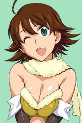 Rule 34 | 1girl, :d, ahoge, awakened miki, breasts, breasts squeezed together, brown hair, bustier, cleavage, earrings, elbow gloves, fur trim, gloves, green eyes, hoop earrings, hoshii miki, idolmaster, idolmaster (classic), jewelry, large breasts, one eye closed, open mouth, scarf, shimoigusa, simple background, smile, takemura sessyu, wink