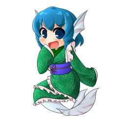 Rule 34 | 1girl, blue eyes, blue hair, fins, fish tail, open mouth, short hair, smile, tail, touhou, wakasagihime, wool (miwol)