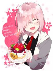Rule 34 | 1girl, artist name, birthday cake, blush, cake, commentary, commentary request, dated, english text, closed eyes, fate/grand order, fate (series), food, fruit, glasses, hair over one eye, happy birthday, kiwi (fruit), kiwi slice, light purple hair, mash kyrielight, plate, redrop, strawberry, takahashi rie