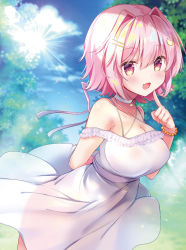 Rule 34 | 1girl, alternate costume, arm behind back, bare shoulders, blush, breasts, cat hair ornament, choker, cleavage, cloud, collarbone, day, dress, fang, hair ornament, hairclip, highres, jewelry, kantai collection, large breasts, masayo (gin no ame), off shoulder, open mouth, outdoors, pink hair, red eyes, ribbon, see-through, short hair, skin fang, sky, smile, solo, tama (kancolle), tree, white dress