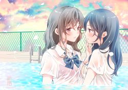 Rule 34 | 2girls, black hair, blue neckwear, blue skirt, blush, bow, bowtie, bra, bra visible through clothes, breasts, brown eyes, brown hair, chain-link fence, cloud, cloudy sky, collared shirt, commentary request, day, diagonal-striped bow, diagonal-striped bowtie, diagonal-striped clothes, diagonal-striped neckwear, dress shirt, eye contact, fence, fingernails, hair between eyes, hand up, long hair, looking at another, medium breasts, multiple girls, original, outdoors, parted lips, partially submerged, petals, pool, pool ladder, profile, red bra, school uniform, see-through, sheepd, shirt, short sleeves, skirt, sky, striped bow, striped bowtie, striped clothes, striped neckwear, underwear, wet, wet clothes, wet shirt, white shirt, yellow bra, yuri