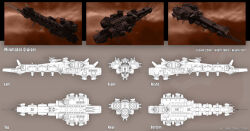 Rule 34 | 3d, absurdres, brown background, brown theme, cannon, character sheet, commentary, concept art, cruiser (eve online), emblem, eve online, from side, highres, military vehicle, minmatar republic (eve online), missile pod, multiple views, nebula, no humans, original, outdoors, science fiction, space, spacecraft, spinner-vision, thrusters, turret, vehicle focus