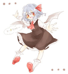 Rule 34 | 1girl, ascot, bat wings, black dress, blue hair, blush, cosplay, dress, fang, hair ribbon, is that so, long sleeves, maru usagi, open mouth, outstretched arms, red eyes, remilia scarlet, ribbon, rumia, rumia (cosplay), shirt, simple background, smile, solo, touhou, translated, uu~, white background, wings