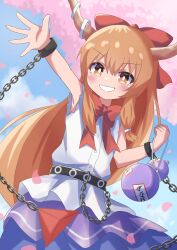 Rule 34 | 1girl, absurdres, armpits, belt, blush, bow, bright pupils, brown eyes, buttons, cherry blossoms, clenched hand, commentary request, cowboy shot, cuffs, falling petals, flat chest, flower, gourd, grin, hair between eyes, hair bow, high meron, highres, ibuki suika, light brown hair, looking at viewer, petals, pink flower, purple skirt, pyramid (structure), red bow, shirt, sidelocks, skirt, sleeveless, sleeveless shirt, smile, solo, touhou, waving, white pupils, white shirt