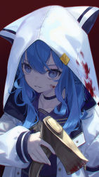 Rule 34 | 1girl, animal ears, animal hood, axe, blood, blood on clothes, blue eyes, blue hair, blue sailor collar, blue shirt, collarbone, commentary request, eyebrows hidden by hair, fake animal ears, hair between eyes, highres, holding, holding axe, hololive, hood, hood up, hooded jacket, hoshimachi suisei, hoshimachi suisei (school uniform), jacket, long hair, long sleeves, looking at viewer, parted lips, puffy long sleeves, puffy sleeves, red background, sailor collar, shirt, simple background, sleeves past wrists, solo, star (symbol), star in eye, symbol in eye, upper body, virtual youtuber, white jacket, whitem (whiteemperor2020)