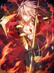 Rule 34 | 1boy, armor, bad id, bad pixiv id, bare pectorals, bishounen, black bodysuit, bodysuit, cape, chest jewel, collar, commentary request, fate/apocrypha, fate/grand order, fate (series), fire, gloves, hair between eyes, highres, holding, holding polearm, holding spear, holding weapon, jewelry, k-me, karna (fate), looking at viewer, male focus, open mouth, pectorals, polearm, purple eyes, red cape, solo, spear, spiked collar, spiked hair, spikes, vasavi shakti (fate), weapon, white hair