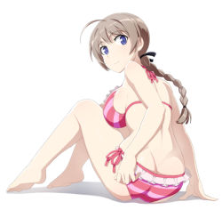 Rule 34 | 1girl, ahoge, ass, bikini, blonde hair, blue eyes, blush, braid, braided ponytail, breasts, butt crack, closed mouth, frilled bikini, frills, full body, large breasts, long hair, looking at viewer, looking back, lynette bishop, nanashino, ponytail, side-tie bikini bottom, simple background, sitting, smile, solo, strike witches, striped bikini, striped clothes, swimsuit, white background, world witches series