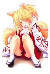 Rule 34 | 10s, 1girl, :o, absurdres, animal ears, blonde hair, blush, clothes between thighs, fox ears, fox tail, geta, high school dxd, highres, japanese clothes, kunou (high school dxd), looking at viewer, miko, miyama-zero, multiple tails, pentagram, ponytail, scan, sitting, solo, tabi, tail, yellow eyes