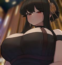 Rule 34 | 1girl, bare shoulders, black dress, black hair, breasts, cleavage, dress, earrings, flower, gold earrings, gold hairband, hair flower, hair ornament, hairband, highres, jewelry, korean commentary, large breasts, long hair, looking at viewer, red eyes, rose, sitting, sonic2452, spy x family, yor briar