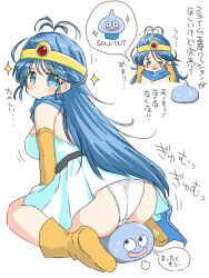 Rule 34 | 1girl, antenna hair, ass, blue cape, blue eyes, blue hair, blush, boots, breasts, cape, circlet, closed eyes, commentary request, crying, dragon quest, dragon quest iii, dress, frown, gloves, highres, large breasts, long hair, microdress, naitou kouse, panties, sage (dq3), sitting, sitting on person, slime (dragon quest), sparkle, strapless, strapless dress, sweat, thought bubble, translation request, underwear, very long hair, wedgie, white panties, yellow footwear, yellow gloves