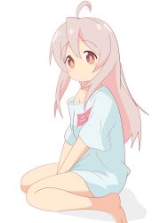 Rule 34 | 1girl, absurdres, ahoge, barefoot, blue shirt, brown eyes, brown hair, from side, highres, legs, long hair, looking at viewer, no pants, onii-chan wa oshimai!, oyama mahiro, shirt, short sleeves, simple background, sitting, solo, t-shirt, thighs, white background, yeyouxunzi