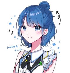Rule 34 | alternate hairstyle, arrow (symbol), blue eyes, blue hair, blush, character name, clover, commentary request, half updo, highres, kiritani haruka, musical note, project sekai, short hair, simple background, sleeveless, toco5th, uniform, white background