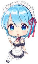 Rule 34 | 1girl, :d, apron, arm support, big head, black dress, blue eyes, blue hair, blush, breasts, cleavage, cleavage cutout, clothing cutout, commentary request, copyright request, dress, frilled apron, frilled dress, frills, full body, hair between eyes, hair ribbon, highres, holding, looking at viewer, maid, maid apron, maid headdress, medium breasts, mimikaki, mimikaki (men bow), open mouth, pantyhose, puffy short sleeves, puffy sleeves, red ribbon, ribbon, short sleeves, shoulder cutout, simple background, smile, solo, virtual youtuber, white apron, white background, white pantyhose, wrist cuffs