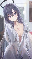 Rule 34 | 1girl, black halo, blanc (whit blanc), blue archive, blue eyes, blue hair, breasts, cleavage, closed mouth, collarbone, commentary request, hair between eyes, halo, highres, holding, holding towel, indoors, looking at viewer, medium breasts, shirt, smile, solo, towel, wet, wet clothes, wet shirt, white shirt, yuuka (blue archive)