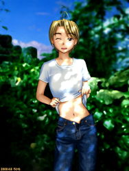 Rule 34 | 1girl, 2000, ahoge, androgynous, artist name, blue sky, brown eyes, brown hair, clothes lift, cloud, cowboy shot, dappled sunlight, dated, day, denim, facing viewer, flashing, jeans, konno mitsune, looking at viewer, love hina, midriff, non-web source, one eye closed, open fly, outdoors, pants, reverse trap, rohimo, shirt, shirt lift, short hair, sky, solo, standing, sunlight, t-shirt, tree, unzipped, wink