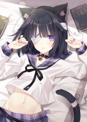 Rule 34 | 1girl, :o, absurdres, animal ears, bandage over one eye, bell, black hair, book, cat ears, cat girl, cat tail, collar, fang, highres, hoshi (snacherubi), indie virtual youtuber, kurose kiri, long sleeves, looking at viewer, lying, midriff, navel, neck bell, on back, open clothes, open skirt, plaid, plaid sailor collar, plaid skirt, purple eyes, sailor collar, second-party source, shirt, skirt, solo, tail, virtual youtuber, white shirt
