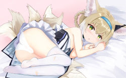 Rule 34 | 1girl, :o, animal ear fluff, animal ears, arknights, ass, bare arms, bare shoulders, blonde hair, blush, braid, braided hair rings, choker, dress, fox ears, fox girl, fox tail, green eyes, hair rings, hairband, highres, kitsune, looking at viewer, lying, mikuning, multicolored hair, multiple tails, no shoes, nose blush, on side, panties, parted lips, short dress, short hair, sleeveless, sleeveless dress, solo, strapless, strapless dress, suzuran (arknights), tail, tears, thighhighs, two-tone hair, underwear, white panties, white thighhighs