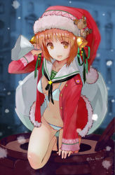 Rule 34 | 1girl, bikini, boko (girls und panzer), brown eyes, brown hair, christmas, climbing, commentary, fur-trimmed jacket, fur trim, girls und panzer, hat, hat bell, heart, holding, holding sack, jacket, kneeling, leaning forward, long sleeves, looking at viewer, navel, neck ribbon, nishizumi miho, open clothes, open jacket, open mouth, outdoors, over shoulder, red hat, red jacket, ribbon, sack, sailor collar, santa costume, santa hat, short hair, smile, snowing, solo, star (symbol), star ornament, swimsuit, twitter username, white bikini, white sailor collar, yurikuta tsukumi