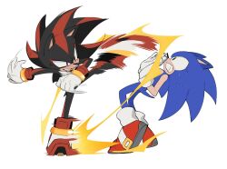 Rule 34 | 2boys, animal ears, animal nose, clenched teeth, commentary, full body, furry, furry male, gloves, green eyes, hashtag-only commentary, highres, kicking, looking at another, male focus, motion blur, multiple boys, red eyes, red footwear, shadow the hedgehog, shoes, simple background, sonic (series), sonic the hedgehog, standing, sweat, tail, teeth, white background, white gloves, yicuojinan