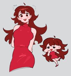 Rule 34 | 1girl, breasts, brown hair, cowboy shot, dress, friday night funkin&#039;, girlfriend (friday night funkin&#039;), grey background, highres, long hair, medium breasts, multiple views, open mouth, red dress, red footwear, shoes, simple background, sleeveless, sleeveless dress, smile, zambiie