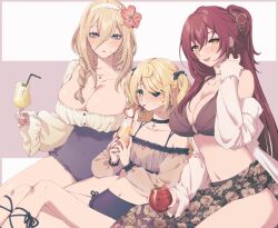 Rule 34 | 3girls, alternate hairstyle, aponia (honkai impact), bikini, black nails, blonde hair, breasts, cleavage, collarbone, cup, drinking, drinking glass, drinking straw, earrings, eden (honkai impact), eyepatch, fingernails, fischl (genshin impact), floral print, flower, genshin impact, green eyes, hair between eyes, hair flower, hair ornament, hair over shoulder, hairband, highres, holding, holding cup, honkai (series), honkai impact 3rd, jewelry, large breasts, long fingernails, long hair, long sleeves, multiple girls, nail polish, navel, one eye covered, open mouth, ponytail, power connection, purple eyes, red hair, shiratama (srtm on), sitting, skirt, smile, swimsuit, white hairband, wide sleeves, yellow eyes
