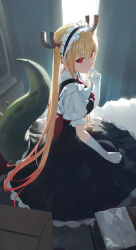 Rule 34 | 1girl, absurdres, apron, blonde hair, blush, breasts, closed mouth, commentary request, curtains, dragon girl, dragon horns, dragon tail, eyelashes, finger to mouth, gloves, gradient hair, highres, horns, indoors, kobayashi-san chi no maidragon, large breasts, long hair, looking at viewer, maid, maid apron, maid headdress, modare, multicolored hair, neck ribbon, puffy short sleeves, puffy sleeves, red eyes, red ribbon, ribbon, shirt, short sleeves, sidelocks, sitting, slit pupils, solo, tail, tohru (maidragon), two side up, very long hair, white gloves, white shirt