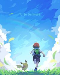 Rule 34 | 1boy, ash ketchum, backpack, bag, blue footwear, blue jacket, cloud, commentary request, creatures (company), day, falling leaves, from behind, game freak, gen 1 pokemon, grass, green bag, hat, highres, jacket, leaf, male focus, nintendo, outdoors, oyul o, pikachu, pokemon, pokemon (anime), pokemon (creature), pokemon journeys, shirt, shoes, short hair, short sleeves, shorts, sky, sleeveless, sleeveless jacket, standing, t-shirt, white shirt
