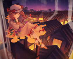 Rule 34 | 1girl, architecture, aura, balcony, bow, building, closed mouth, commentary, commission, crystal, dress, drill hair, east asian architecture, full body, hair bow, hand on own arm, hand on own cheek, hand on own face, hat, hat bow, head rest, highres, holding own arm, jewelry, keffiyeh, light blush, long sleeves, looking afar, mob cap, necklace, no socks, official alternate costume, oito (bowstringsmall), on railing, orange eyes, orange footwear, orange hair, pink ribbon, railing, red bow, ribbon, sandals, scenery, short hair, sitting, skeb commission, skyline, smile, solo, swept bangs, touhou, twin drills, veil, water, water drop, waterfall, white dress, white hat, window, yorigami jo&#039;on