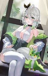 Rule 34 | 1girl, absurdres, bare shoulders, black bow, black choker, black nails, blush, book, bow, braid, breasts, choker, cleavage, crossed legs, dragon, gradient hair, green eyes, green hair, grey hair, highres, indoors, jacket, large breasts, looking at viewer, maanu, medium hair, multicolored hair, nail polish, off shoulder, open mouth, original, pointy ears, sideboob, sitting, solo, thighhighs, white jacket, white thighhighs, window