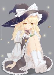 Rule 34 | 1girl, apron, arm support, black skirt, blonde hair, bloomers, bow, braid, closed mouth, constellation, crescent, frilled skirt, frills, full body, glowing, grey background, hair ribbon, hat, hat bow, highres, kirisame marisa, knees up, long hair, long sleeves, marisuku, neck ribbon, puffy long sleeves, puffy sleeves, ribbon, shirt, side braid, single braid, sitting, skirt, skirt set, socks, solo, star (symbol), touhou, underwear, waist apron, white shirt, white socks, witch hat, yellow eyes