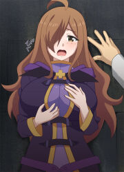 Rule 34 | 1boy, 1girl, ahoge, blush, breasts, brown eyes, brown hair, commentary request, cowboy shot, danna, dress, hair over one eye, hand on wall, hands on own chest, kono subarashii sekai ni shukufuku wo!, large breasts, long hair, long sleeves, looking at viewer, open mouth, pov, pov hands, purple dress, solo focus, standing, translation request, wiz (konosuba)
