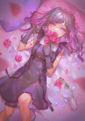 Rule 34 | 1girl, absurdres, bare shoulders, bed sheet, black dress, black gloves, black hair, blurry, blurry foreground, blush, bright pupils, broken, crying, crying with eyes open, dress, flower, frilled dress, frilled gloves, frills, glass, glass shards, gloves, hatsune miku, heart, highres, holding, holding flower, jewelry, kinakomocci518, long hair, looking at viewer, lying, multicolored hair, on back, parasite (vocaloid), petals, pillow, pink flower, pink hair, purple hair, ring, solo, tears, twintails, two-tone hair, vocaloid, white pupils, wilted flower