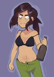 Rule 34 | angry, black bra, black panties, bottle, bra, coffeetears, crying, crying with eyes open, green pants, holding, holding bottle, inside job, lace, lace-trimmed bra, lace trim, navel, panties, pants, reagan ridley, strap slip, tearing up, tears, underwear