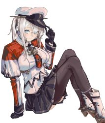 Rule 34 | 1girl, absurdres, black gloves, black skirt, black thighhighs, blue eyes, breasts, capelet, celtic knot, closed mouth, cross, gloves, graf zeppelin (kancolle), hair between eyes, hair ribbon, hat, hat tip, high heels, highres, iron cross, kantai collection, kazukingu, large breasts, long hair, long sleeves, peaked cap, pleated skirt, ribbon, simple background, sitting, skirt, solo, thighhighs, twintails, white background, white hat