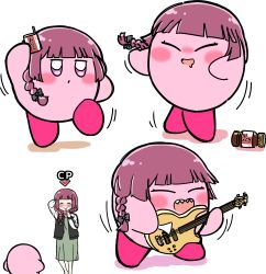 Rule 34 | 1girl, 1other, absurdres, alcohol carton, black jacket, blush, bocchi the rock!, closed eyes, crossover, dress, drooling, drunk, guitar, highres, hiroi kikuri, instrument, jacket, jitome, kirby, kirby (series), long hair, motion lines, mouth drool, multiple views, music, nintendo, nose blush, open mouth, playing instrument, purple hair, sharp teeth, smile, teeth, torako (toramaru), white background