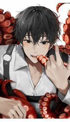 Rule 34 | 1boy, absurdres, bad id, bad twitter id, black hair, chainsaw man, chest belt, collared shirt, ear piercing, hair between eyes, highres, looking at viewer, mole, mole under mouth, multiple piercings, myanya, octopus devil (chainsaw man), open mouth, piercing, shirt, short hair, simple background, smile, solo focus, tentacles, white background, white shirt, yoshida hirofumi