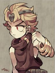 Rule 34 | 1boy, armpits, black shirt, blonde hair, closed mouth, dio brando, earrings, grey background, heart, jewelry, jojo no kimyou na bouken, kotorai, looking to the side, male focus, multiple bracelets, oversized clothes, red eyes, shirt, short hair, signature, solo, upper body, v-shaped eyebrows