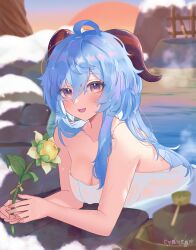 Rule 34 | 1girl, absurdres, ahoge, artist name, bare shoulders, bathing, blue hair, blush, breasts, bucket, cleavage, covering privates, cyanean, flower, ganyu (genshin impact), genshin impact, highres, holding, holding flower, horns, long hair, looking at viewer, low ponytail, medium breasts, naked towel, onsen, open mouth, paid reward available, purple eyes, sidelocks, smile, solo, steam, sweet flower, towel, water, wet, white flower, white towel, wooden bucket